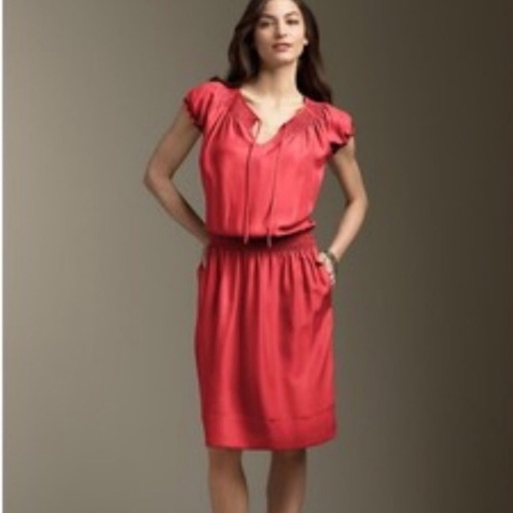 Talbots 100% Silk Smocked Blouson Knee Length Spring Summer Dress Print Pockets - Picture 3 of 16